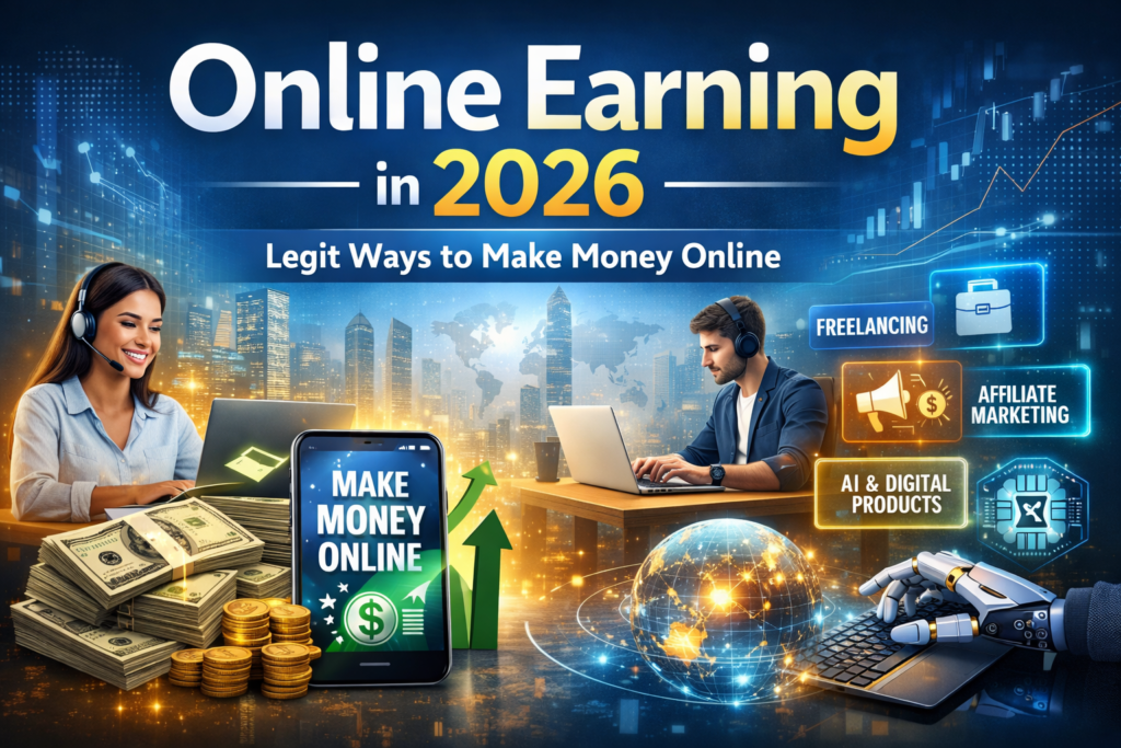 Online earning 2026 from home - multiple methods including freelancing, digital products, and content creation.