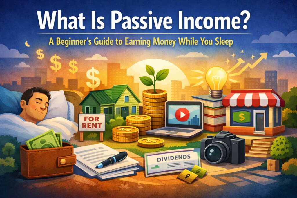 Online passive income beginners guide 2026 - visual showing active to passive transition with earnings icons.